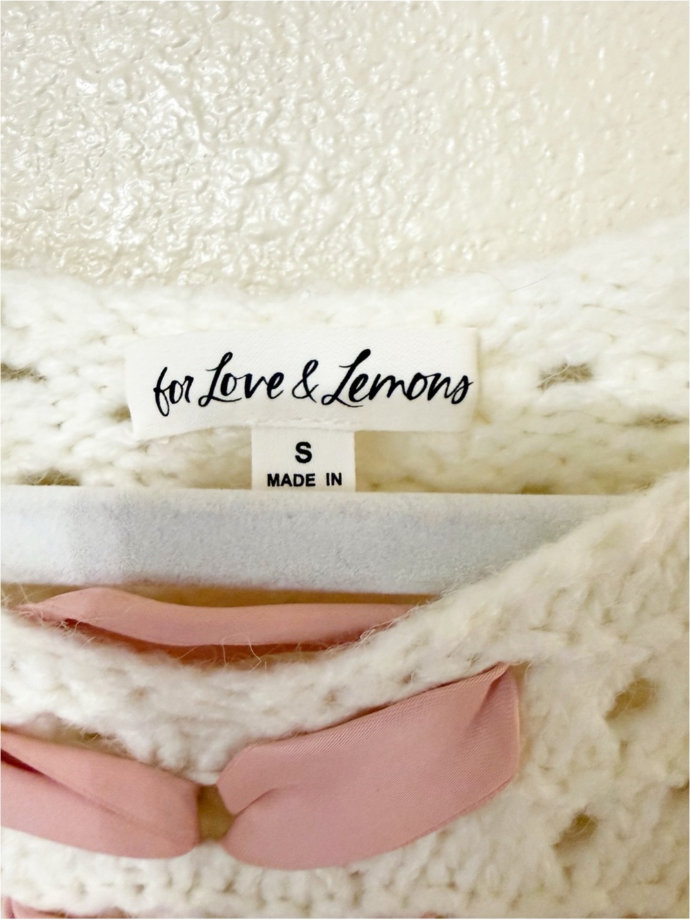 For Love & Lemons Laurel Oversized Cream & Pink Ribbon Sweater size small NEW - Picture 12 of 14